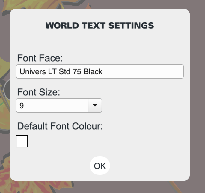 world text settings panel